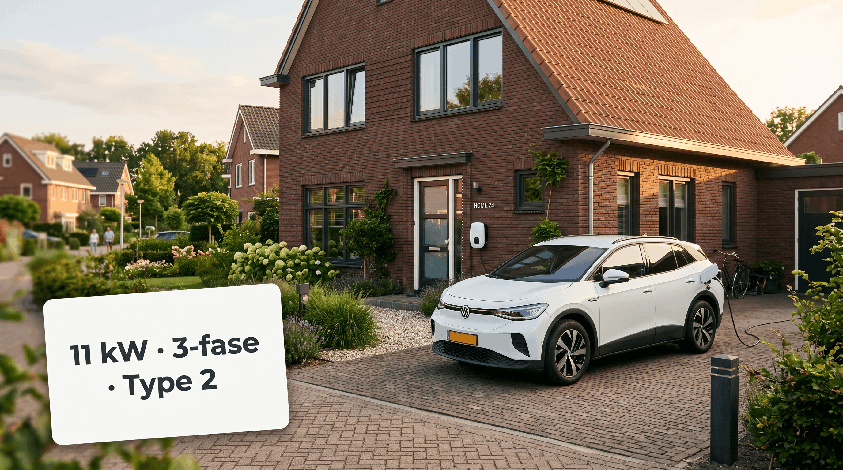 Witte Volkswagen ID.4 op een Nederlandse oprit, gekoppeld aan een wallbox aan de gevel.